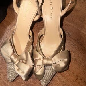 Dee Ocleppo Gold Satin Bow Pointed-Toe Slingback Heels